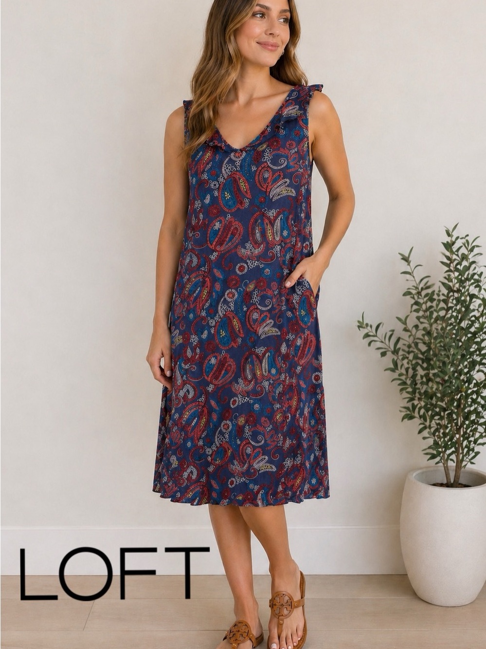 💕💙 LOFT Paisley Dress w/ Cross Back Straps | Pink Blue Red Ruffle | Size Small